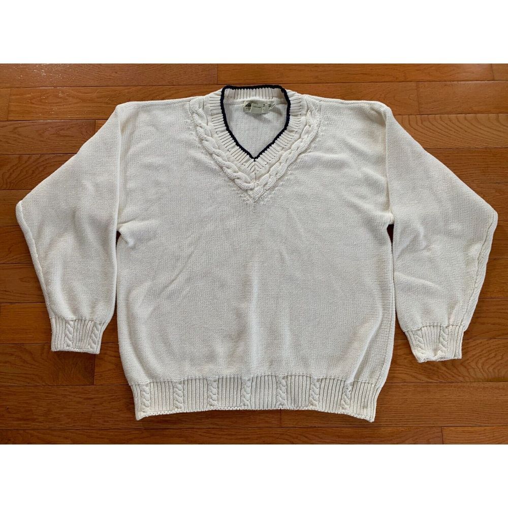 Vintage Eddie Bauer  100% Cotton VNeck Pullover Sweater Mens Large L Cream HEAVY